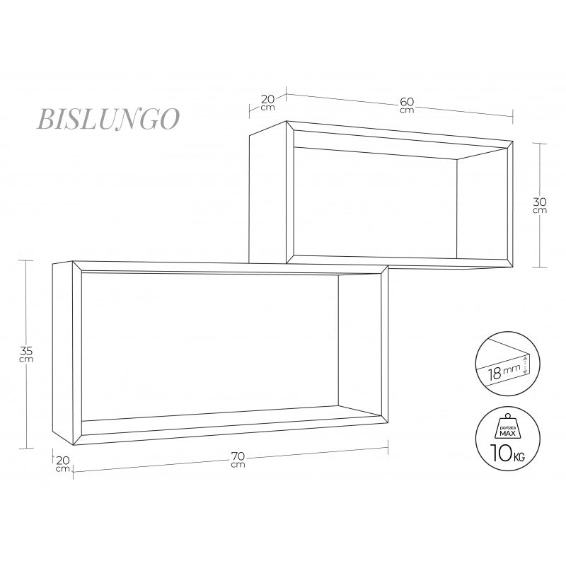 Set di 2 Mensole da Muro, Pensile Bagno, Mensola da Parete, Scaffale da Parete, Blu Baltico, 70x35 p20 cm e 60x30 p20 cm - Bis Rettangolo Bislungo
