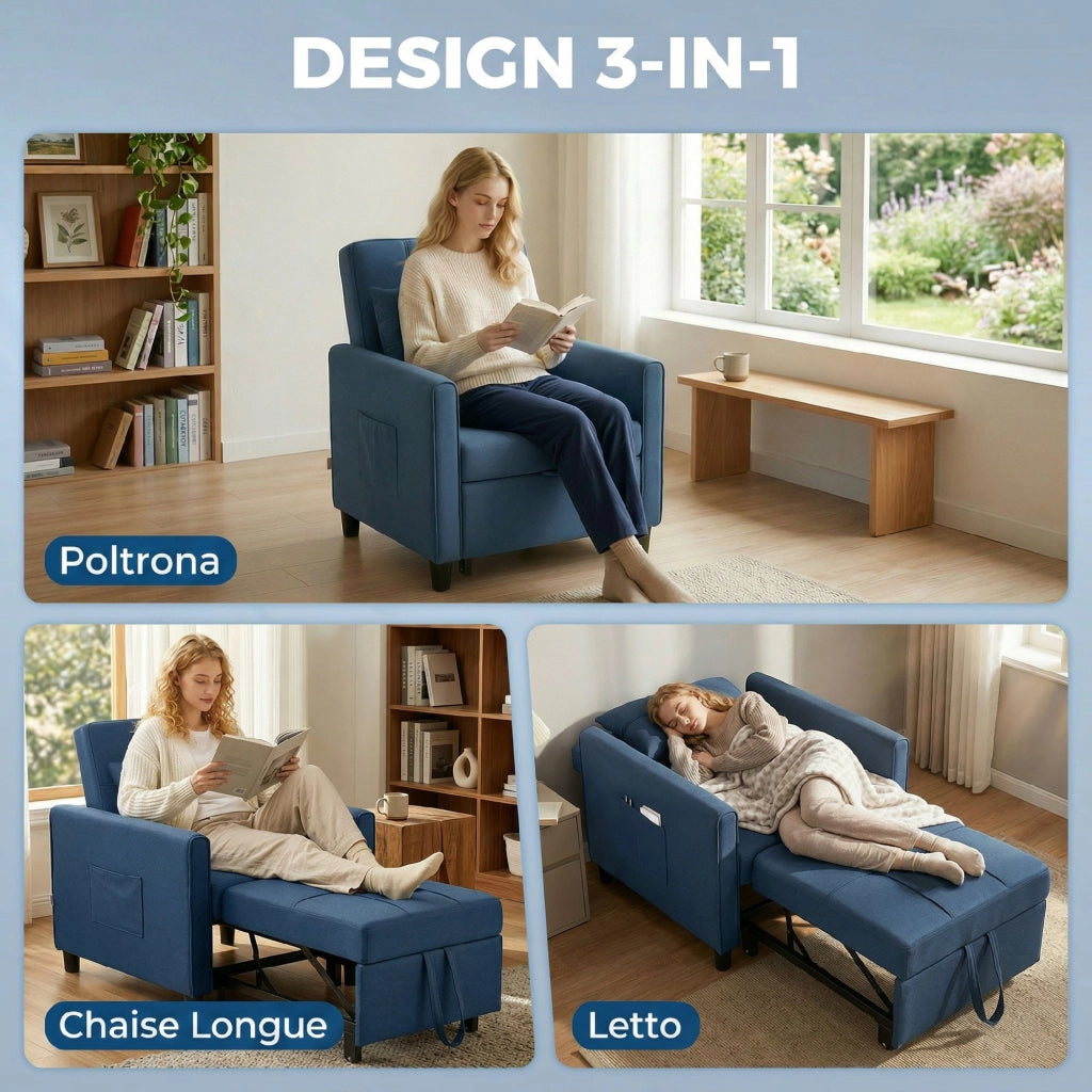 Poltrona Letto Pieghevole con Schienale Regolabile e Cuscino ¨C Minimal ¨C Blu