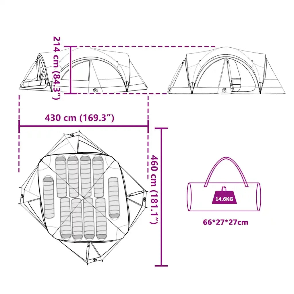 Tenda per famiglie 10 persone Verde e Grigio 460 x 430 x 214 cm 42004080