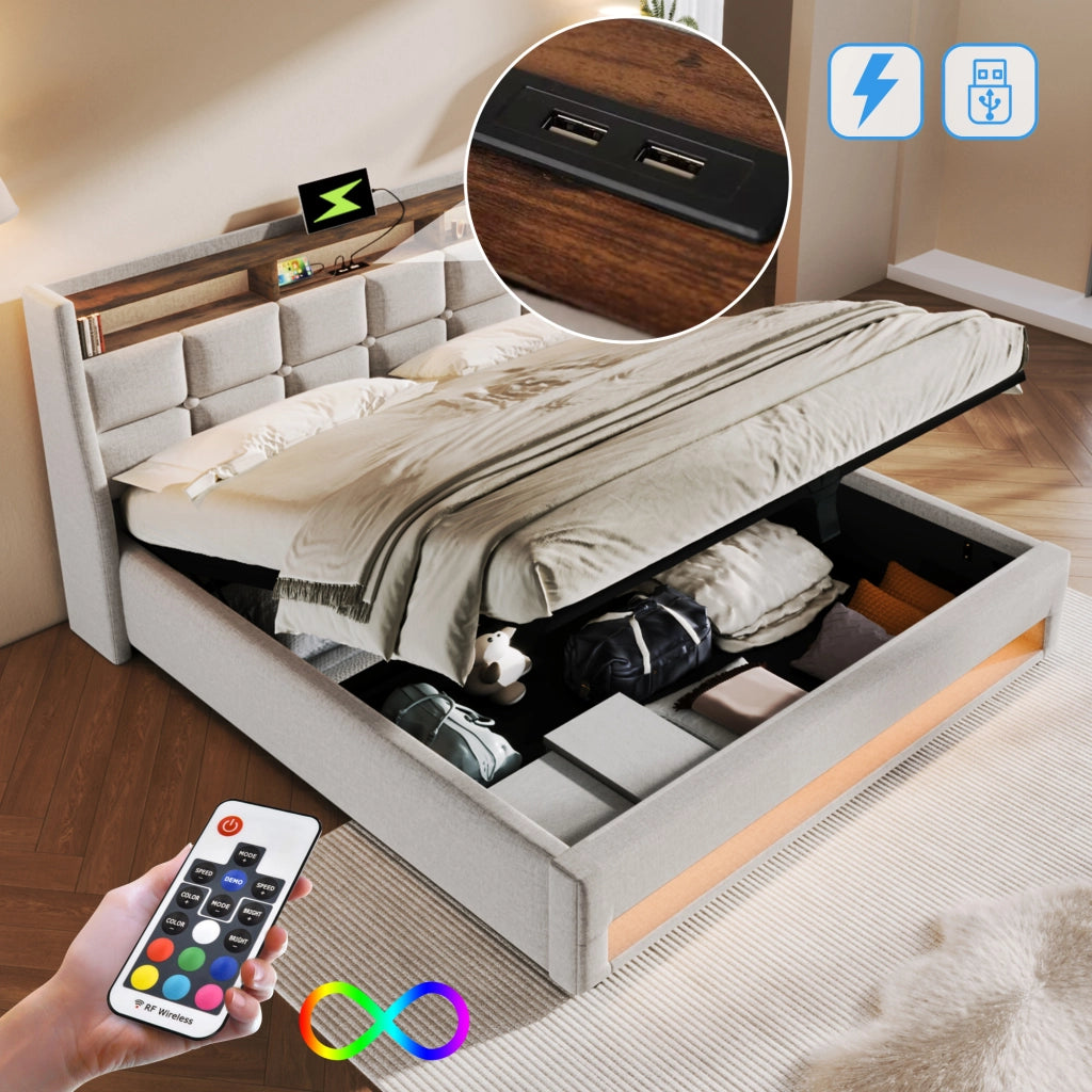 LETTO imbottito LED e USB 160x200 cm Beige con vano contenitore