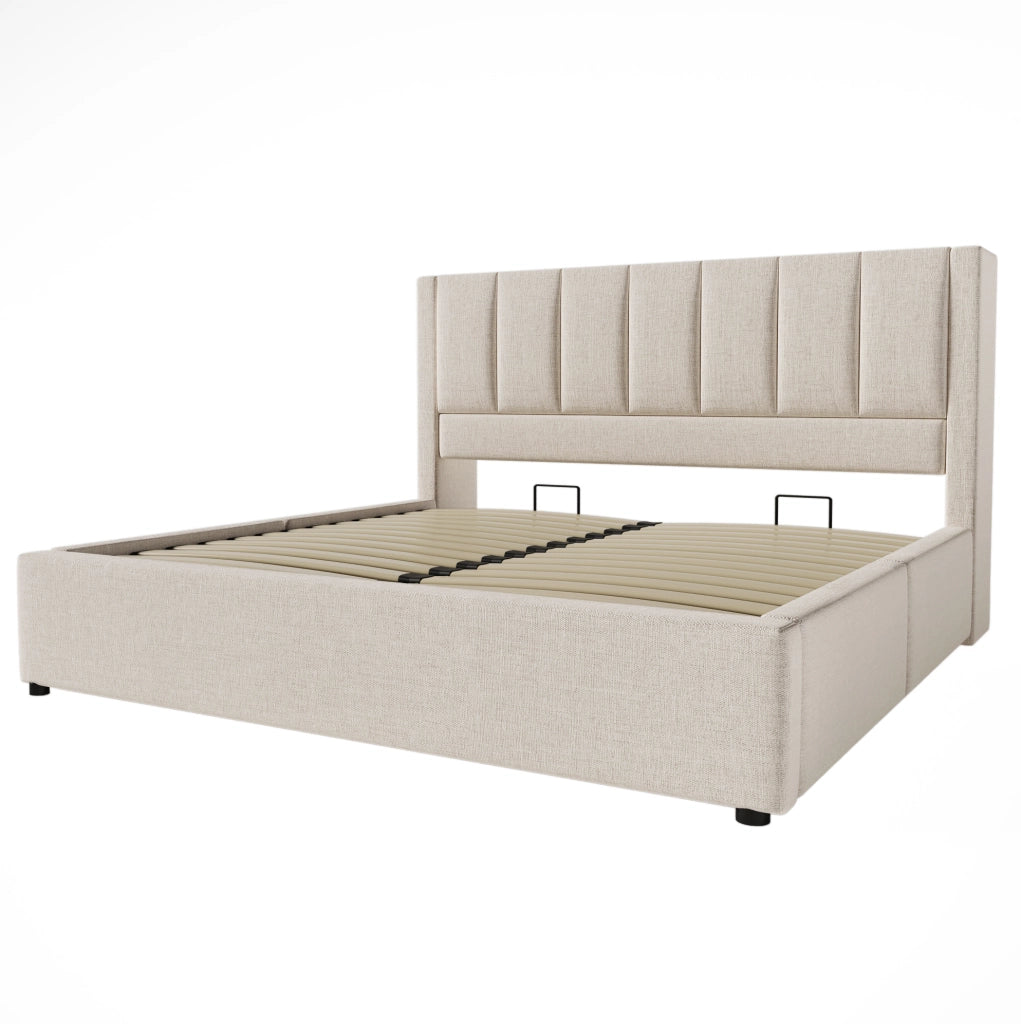 Letto imbottito 140x190 cm con contenitore, presa di ricarica e portabicchieri