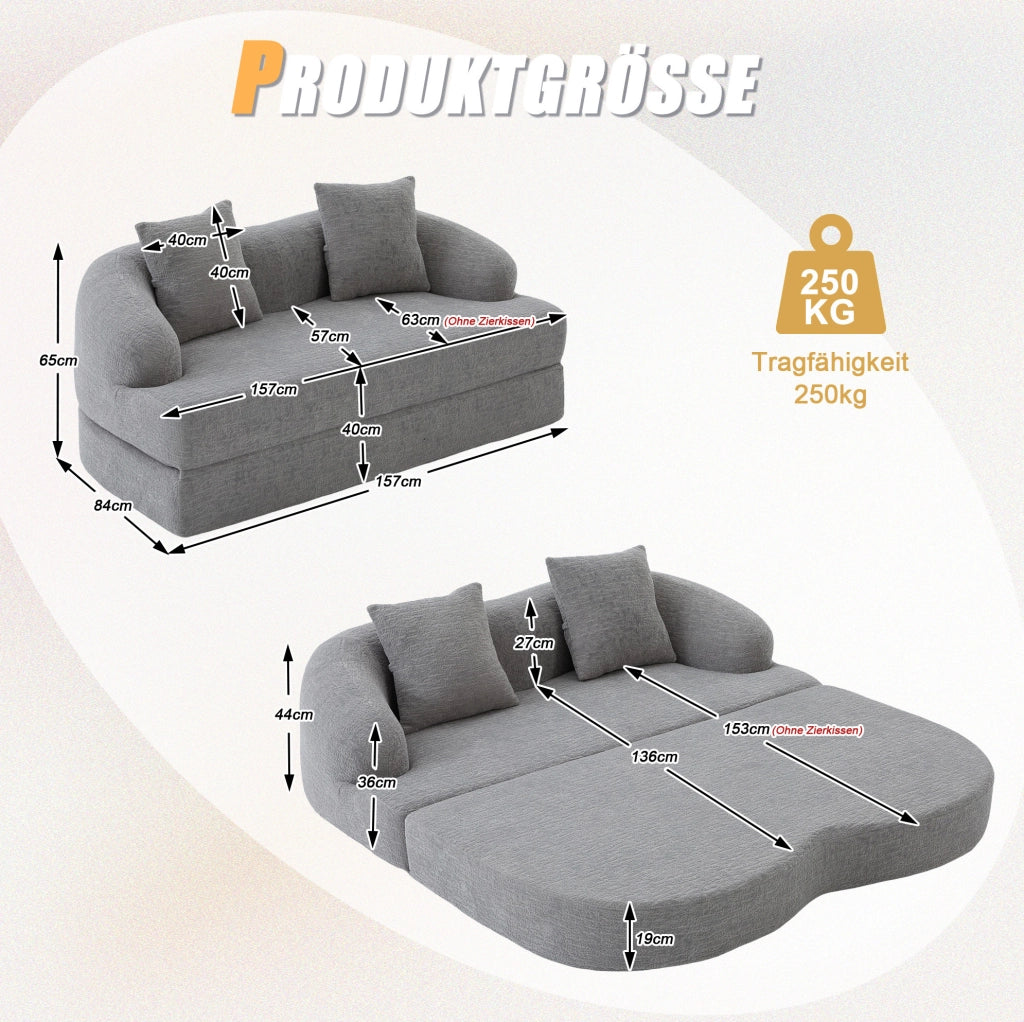 Divano letto 2 posti pieghevole in chenille grigio chiaro 157x84x65 cm