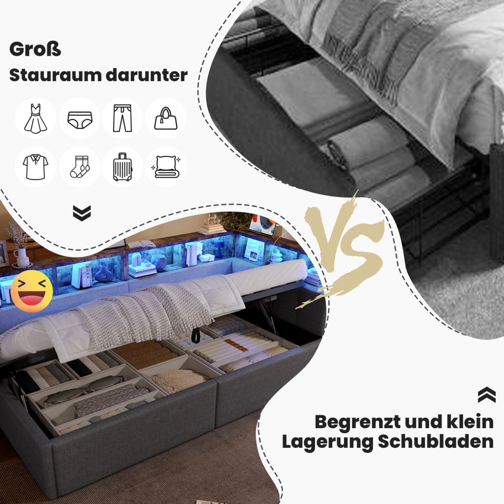 Tagesbett con funzione di stoccaggio idraulica in lino grigio 90x200 cm