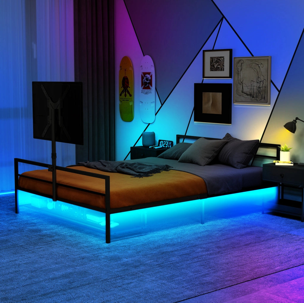 Letto gaming con supporto regolabile e LED in ferro nero