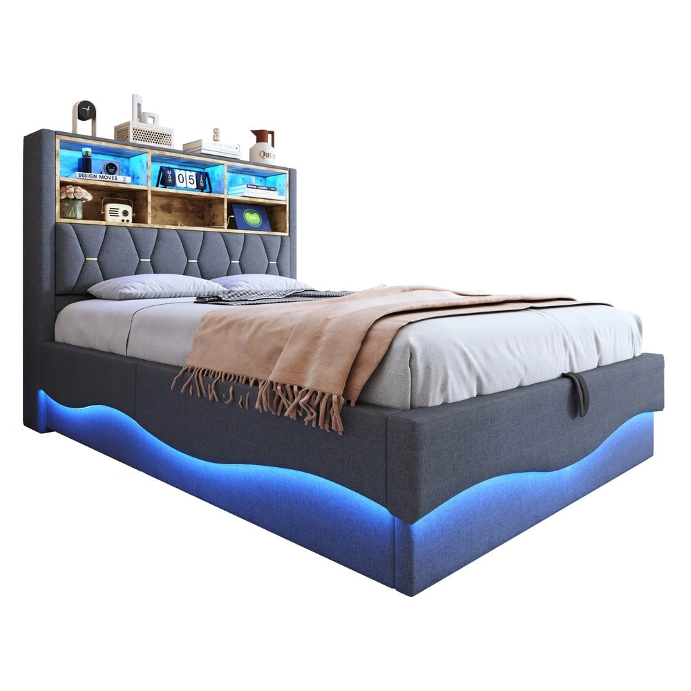 Letto Contenitore Imbottito 140x200 ¨C MINIMAL ¨C Grigio, LED, USB, Idraulico, Metallo
