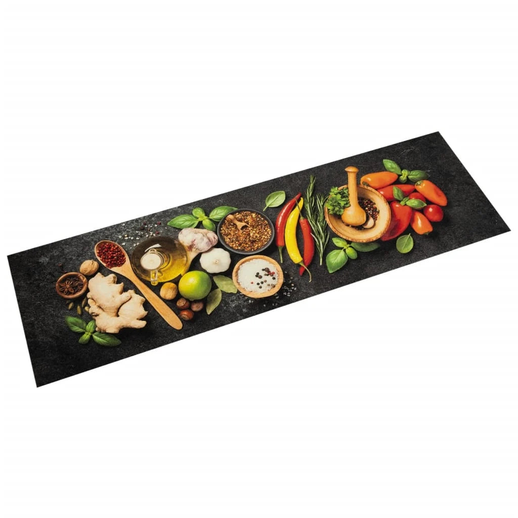 Tappetino da cucina lavabile design elegante stampa spezie 150 x 45 cm antiscivolo velluto nero 02_0056453