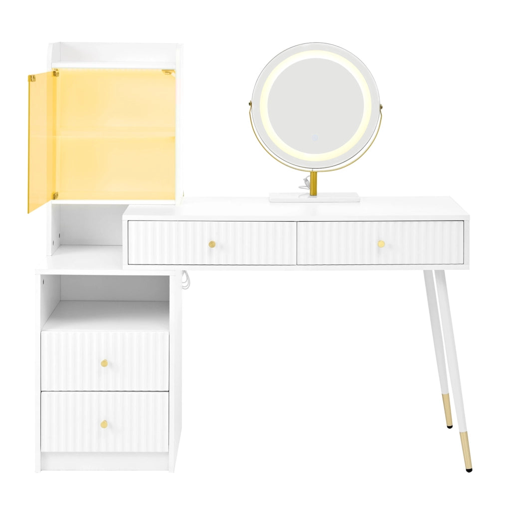 Tavolo da trucco 100x40x125 cm con specchio LED a tre colori; 4 cassetti; pannello truciolare bianco