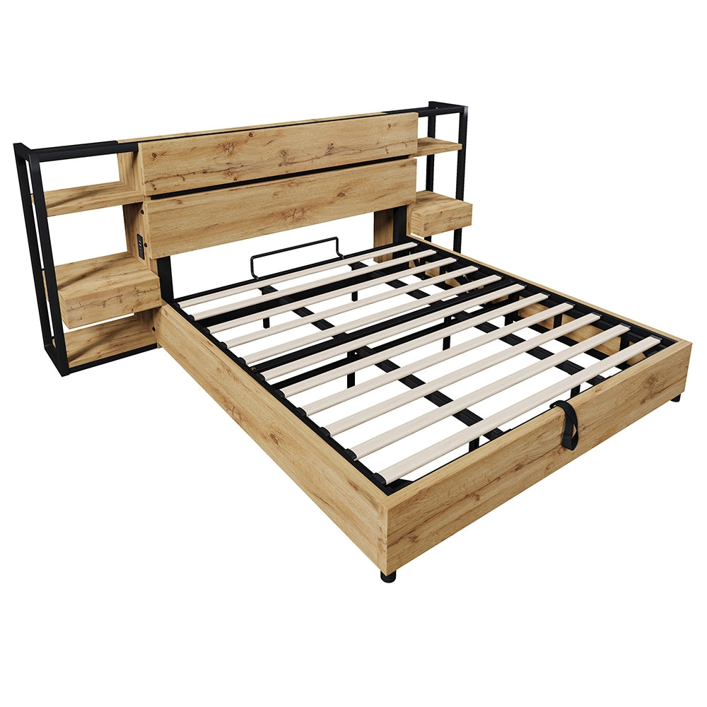Letto matrimoniale-Xylo-180x200 cm-contenitore idraulico, USB/Type-C, testiera, quercia