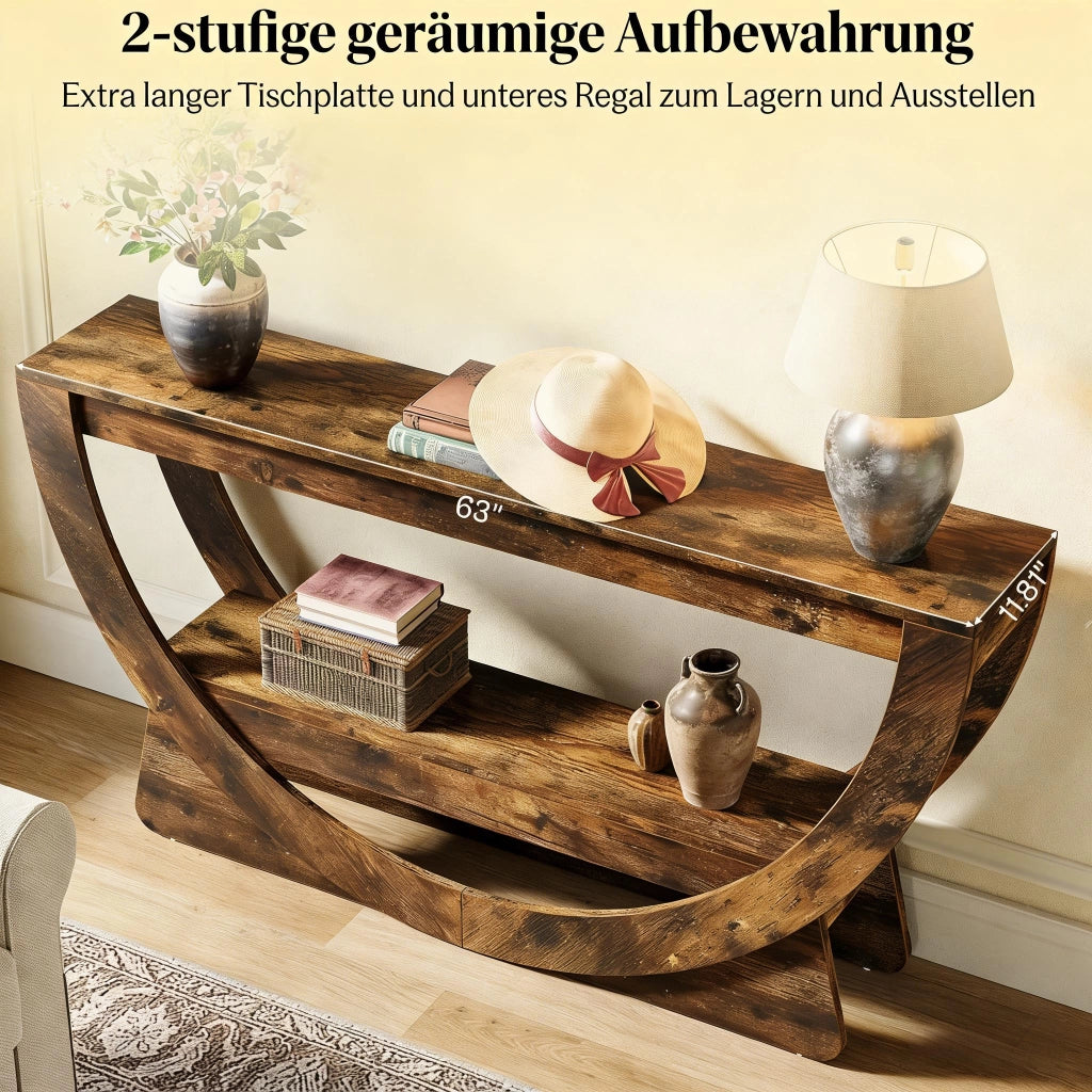 Mobile porta TV con 2 ripiani aperti e schienale curvo, per soggiorno, in MDF, marrone rustico, 160 × 30 × 80,5 cm