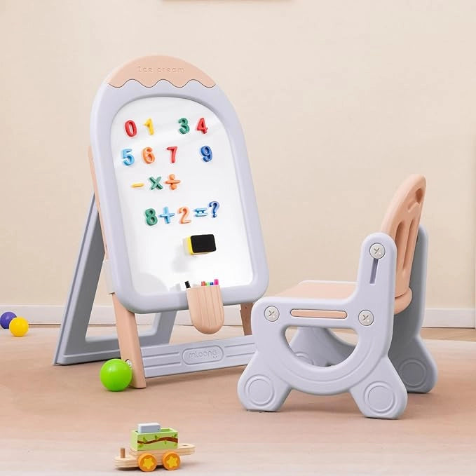 Lavagna Cancellabile con Sedia per Bambini, Set Tavolo e Sedie per Bambini con Scatola Portaoggetti, Piedini Antiscivolo, Cancellino e Pennarelli, Cavalletto per Cameretta (Rosa)