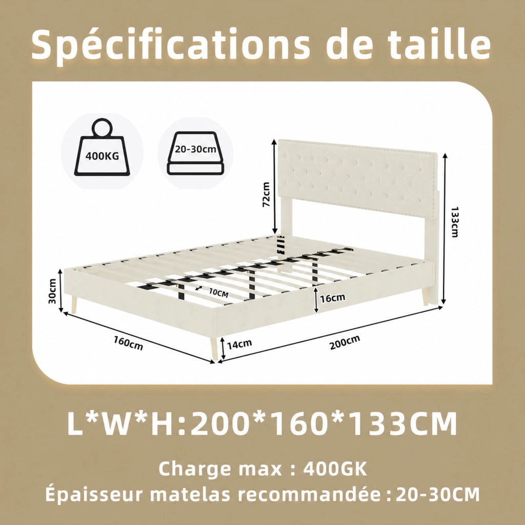 DESMIU Letto 160 × 200 cm 2 posti con vano sotto il letto, senza materasso, in tessuto, beige