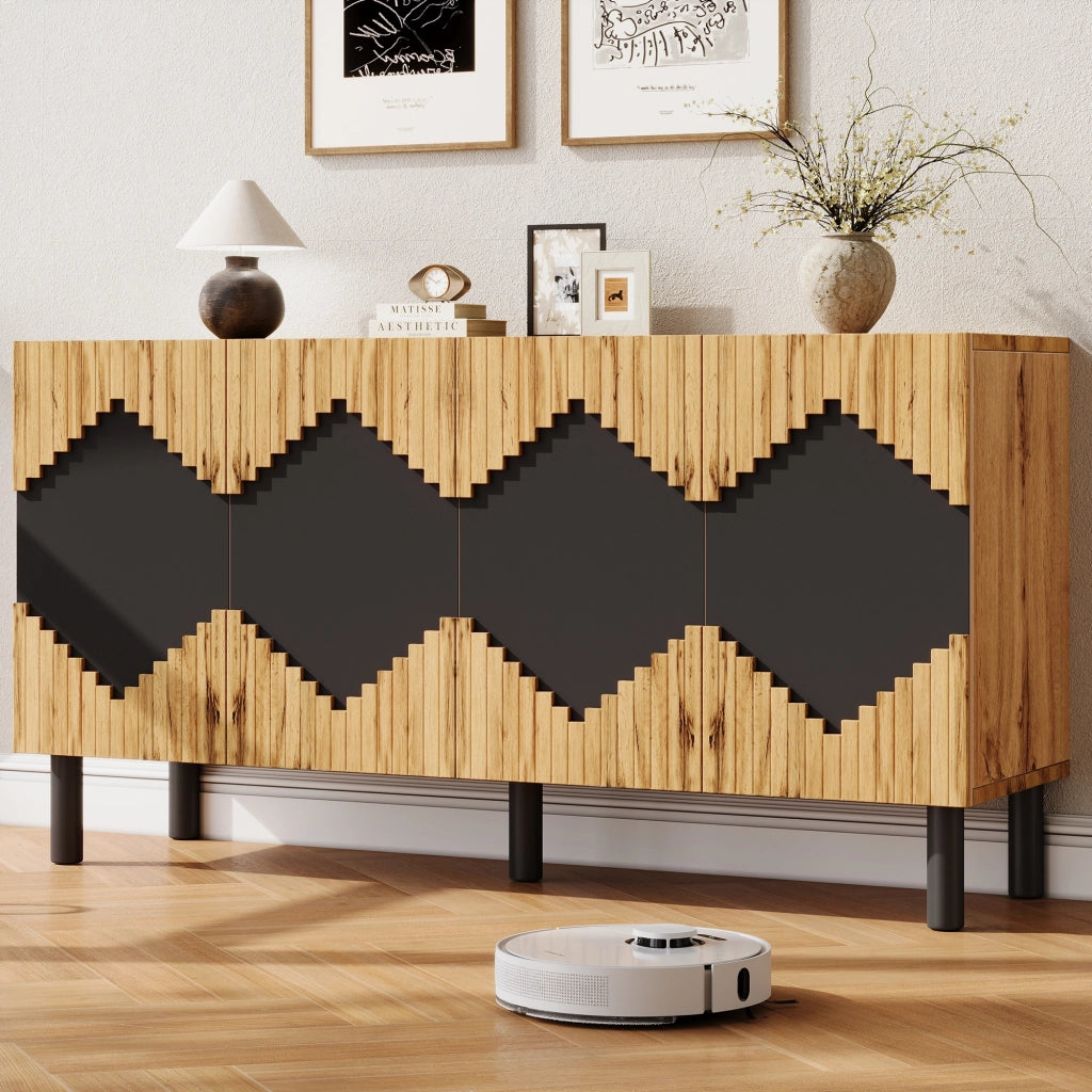 Credenza, mobile da ingresso, motivo a rombi, in truciolato e MDF, ripiani regolabili, colore legno naturale e nero