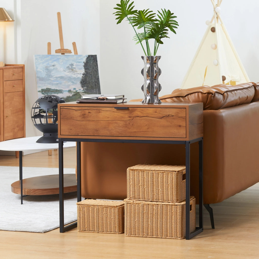Consolle da Ingresso 80x30x76 cm con Cassetto con Gambe in Metallo Color Legno e Nero