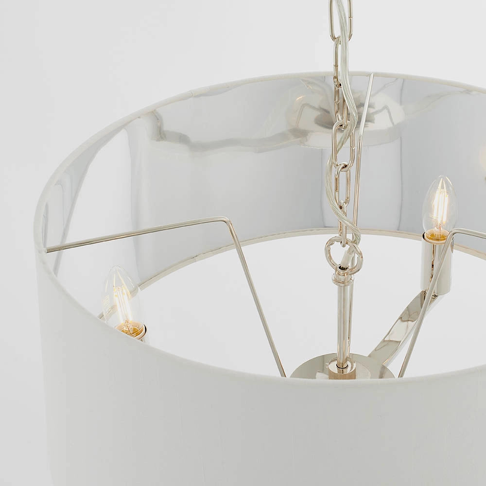 Lampada a sospensione 3 luci catena nichel paralume bianco E14