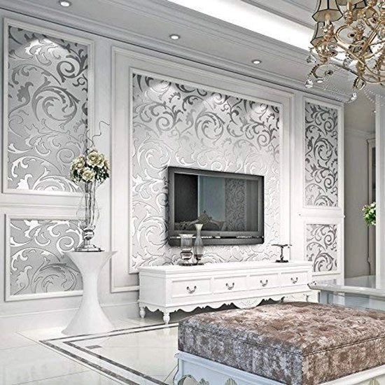 Tappezeria a damasco - 3D carta da parere - Design moderno - Giallo/Argento - Disegno barocco - Adatto per soggiorno e camera da letto - 10m