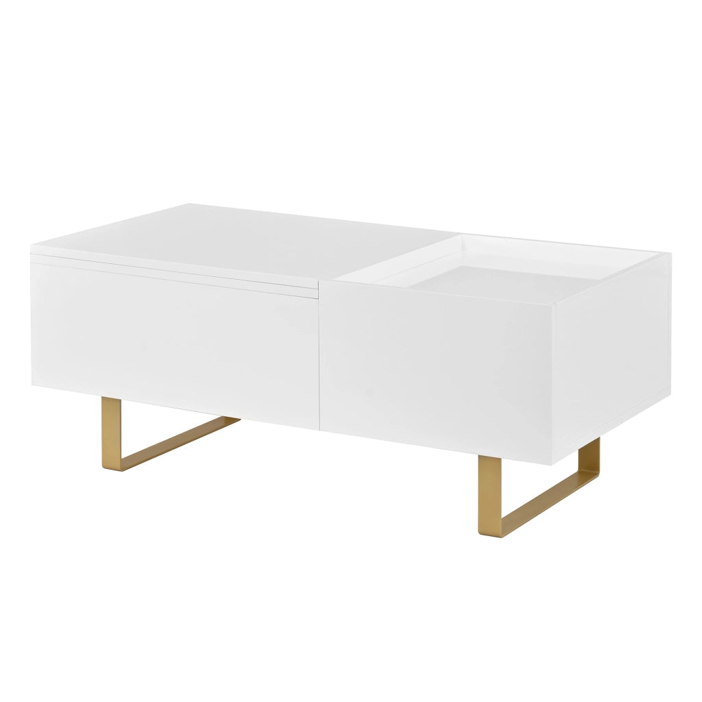 Tavolino basso sollevabile con cassetto e vano contenitore in MDF lucido per soggiorno bianco 100 × 50 × 54,5 cm