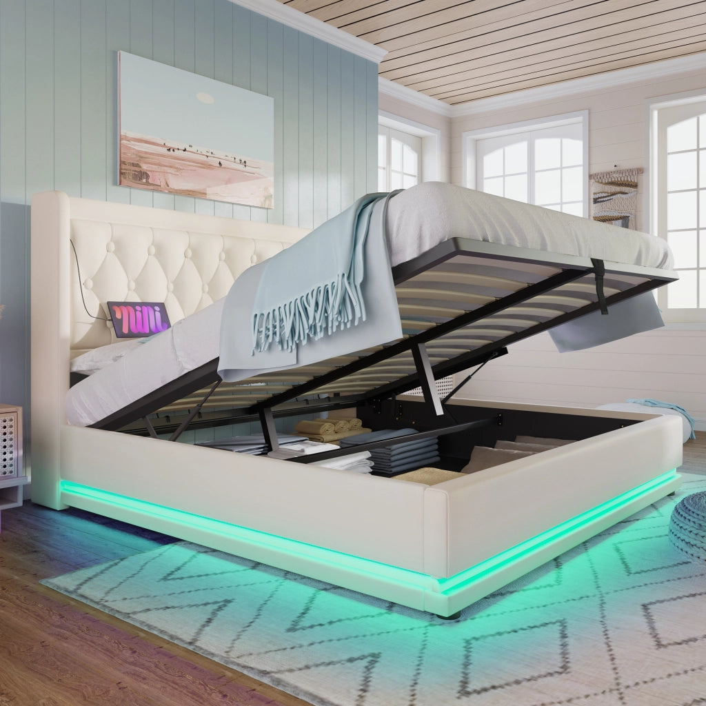 LETTO matrimoniale 140x200 cm in PU bianco con materasso e LED