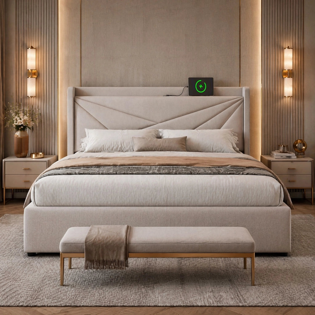 LETTO Contenitore 160x200 cm con USB e USB-C Beige in cotone e lino