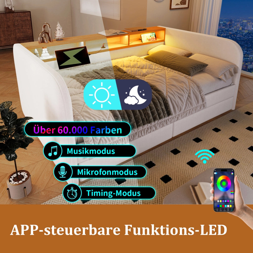 LETTO Imbottito 140x190 cm Beige con LED, USB-C e 2 cassetti