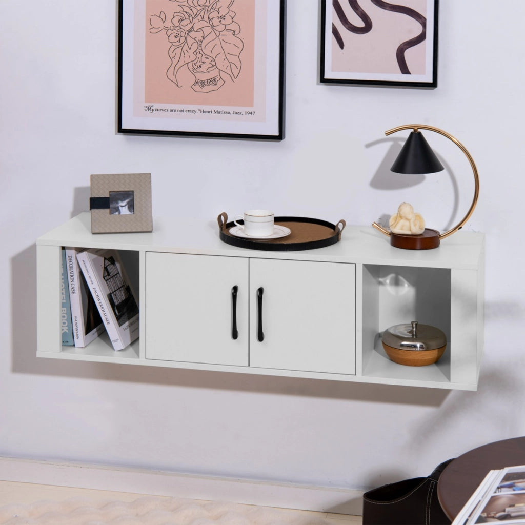 Libreria a parete con 2 cubi e mobile per console multimediale per soggiorno, Armadietto sospeso a 2 ante Bianco