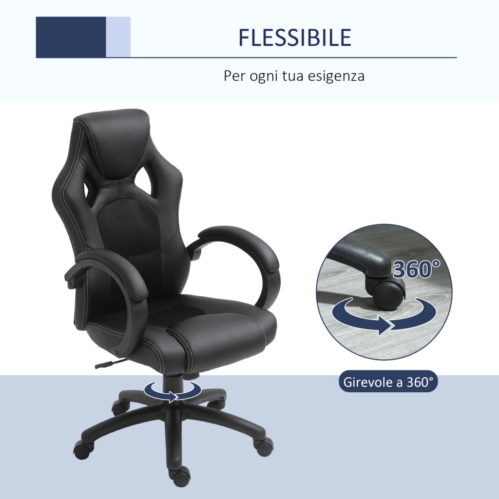 EasyComfort Sedia da Gaming ad Altezza Regolabile, Sedia da Ufficio con Funzione a Dondolo, Girevole e Reclinabile, 71x61x108-118 cm, Nera