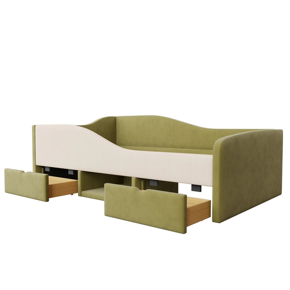 Letto Imbottito con Cassetti ¨C MINIMAL ¨C Velluto Verde Scuro e Bianco 90x190