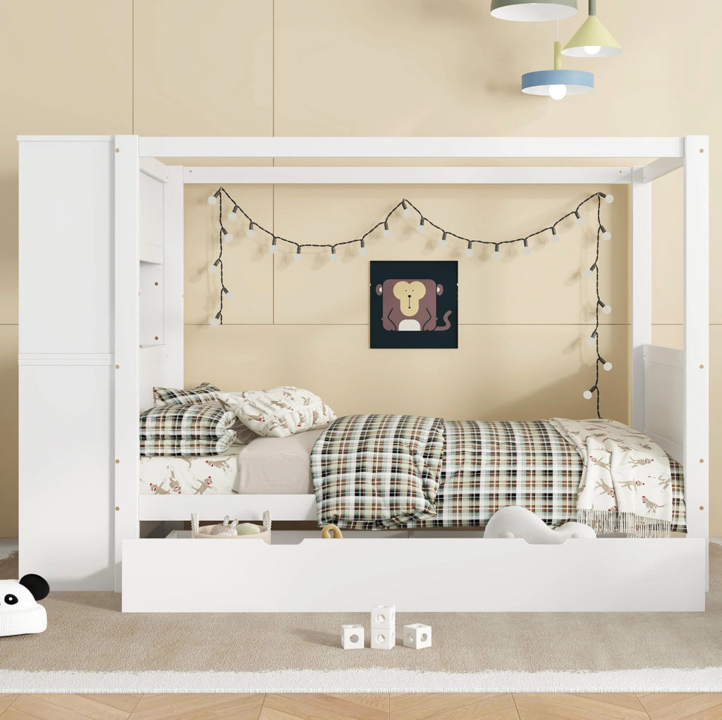 Letto singolo per bambini con sponda; armadio laterale e 5 cassetti; 90x200 cm; bianco