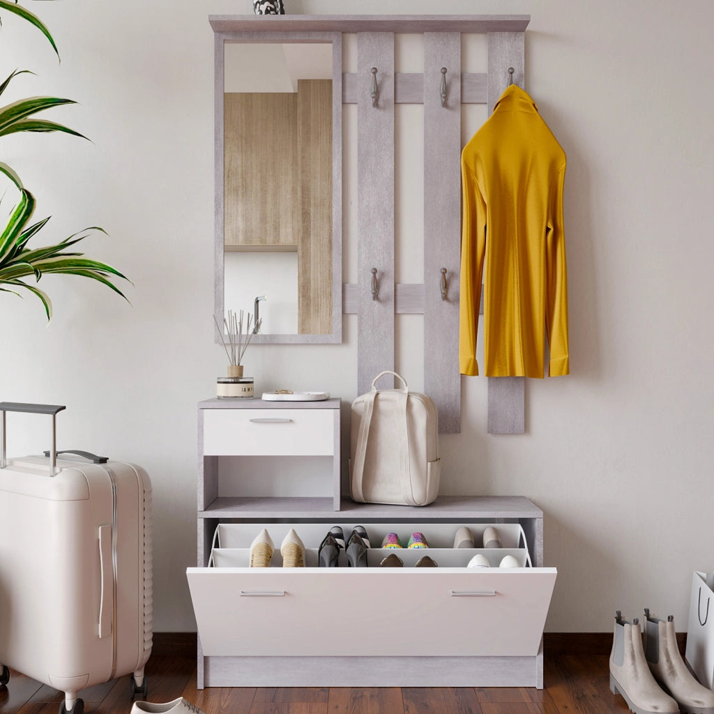 Mobile Belem Mobiletto da Ingresso con Scarpiera Appendiabiti e Specchio Arredo Arredamento Corridoio Entratina 97 x 35 x 25 cm (Bianco e Grigio Cemento)
