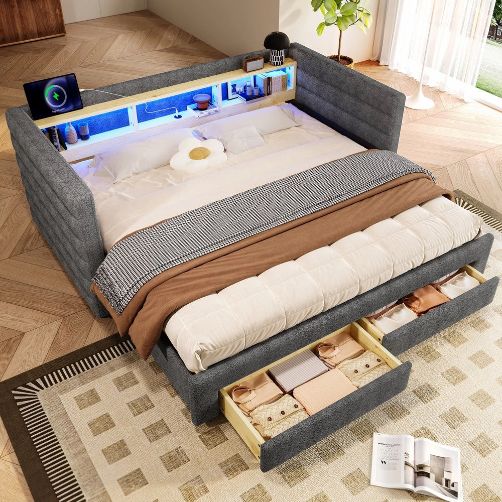 Letto Singolo Contenitore con LED ¨C MINIMAL ¨C Velluto Grigio, 90x190, USB, Cassetti