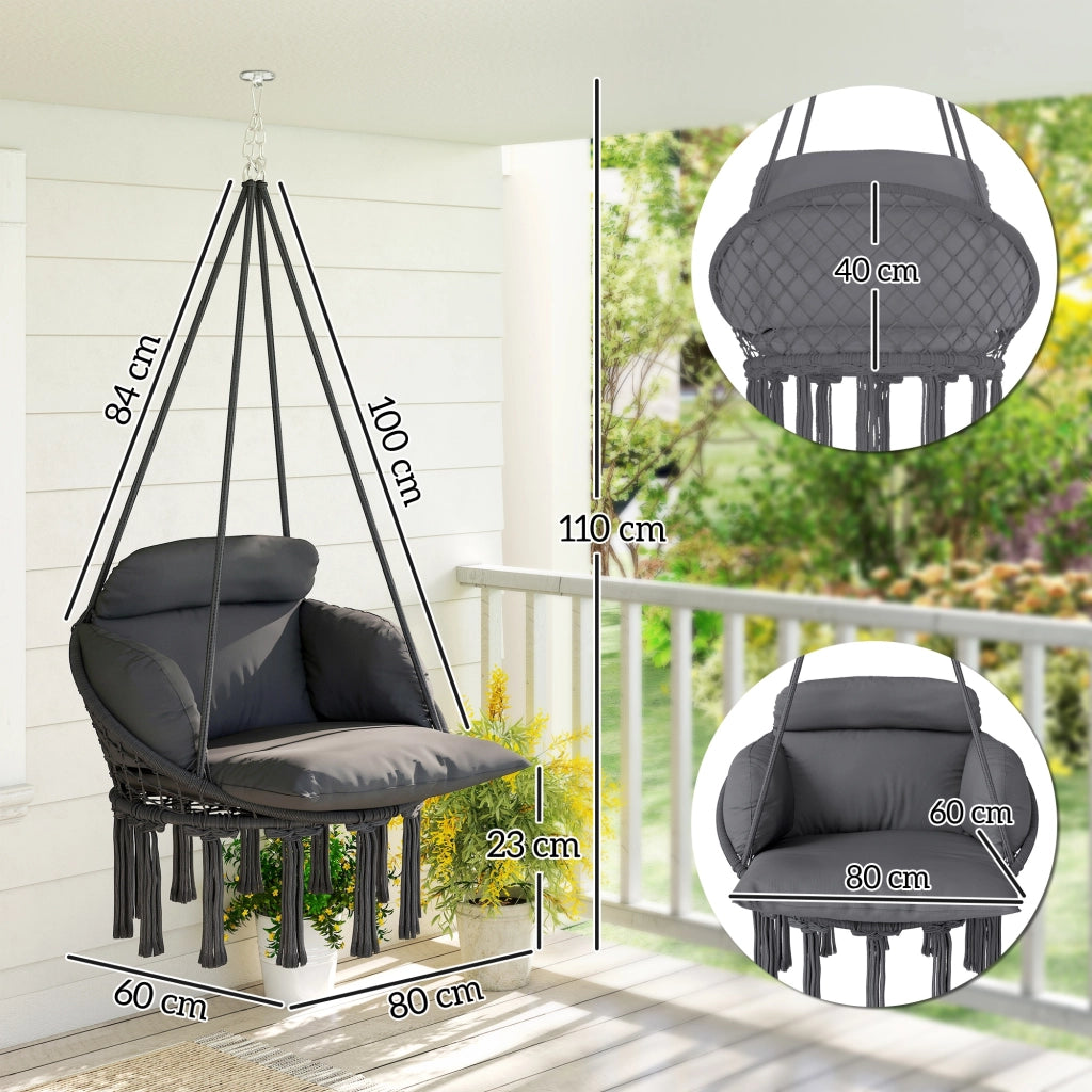 Poltrona sospesa con cuscino imbottito e frange ¨C Xylo ¨C grigio scuro 80x60x40 cm