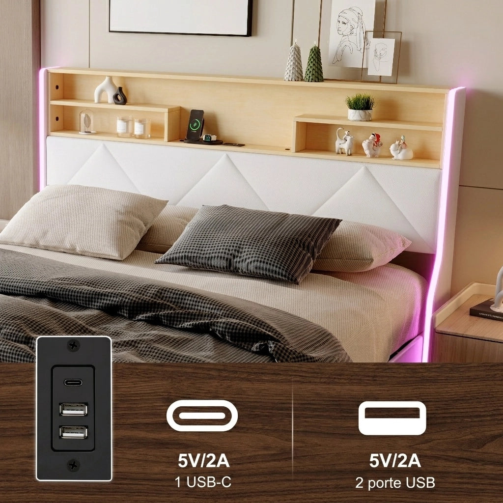 Letto matrimoniale 160x200 cm con contenitore LED USB Type-C testiera rete a doghe struttura letto metallo legno PU -bianco