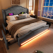 OKWISH Letto con Cassetti 140×200 cm, Letto Matrimoniale con 4 Cassetti, LED Regolabile e USB e Tipo C, senza Materasso, in Velluto, Grigio