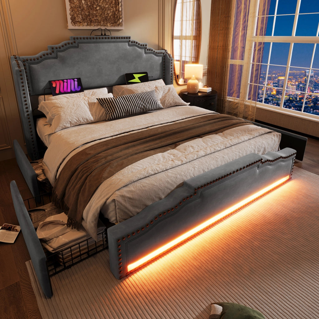 OKWISH Letto con Cassetti 140×200 cm, Letto Matrimoniale con 4 Cassetti, LED Regolabile e USB e Tipo C, senza Materasso, in Velluto, Grigio