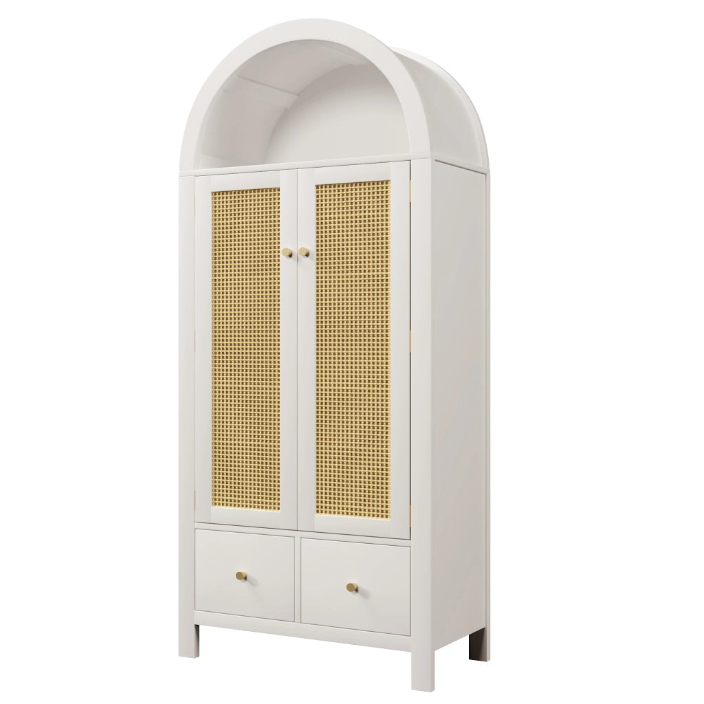 Armadio Guardaroba Bianco 78×45×181 cm con Ante in Rattan; Cassetti; Barra Appendabiti e Design Country Chic