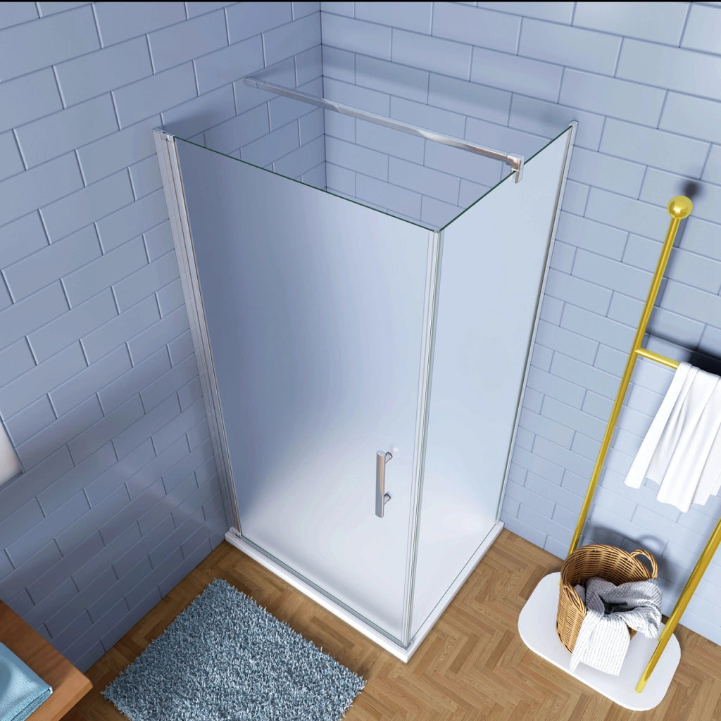 195cm Box Doccia Angolare Porta Battente con Parete Fissa 90x80cm in Vetro Temperato Satinato Opaco 6 mm Anticalcare con Barra Stabilizzatrice 140 cm (montaggio verso irreversibile)