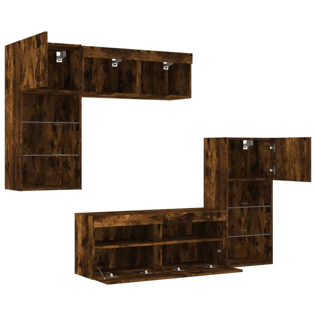 Mobile TV multimediale mensola TV credenza mobile TV sala da pranzo soggiorno camera da letto con illuminazione a LED 5 pezzi rovere affumicato legno composito marrone 02_0029411