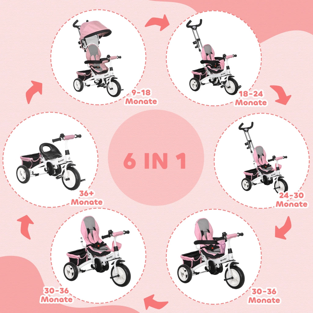 Triciclo 6-in-1 con maniglia, tettuccio e cestino ¨C Xylo ¨C Rosa, 1-5 anni