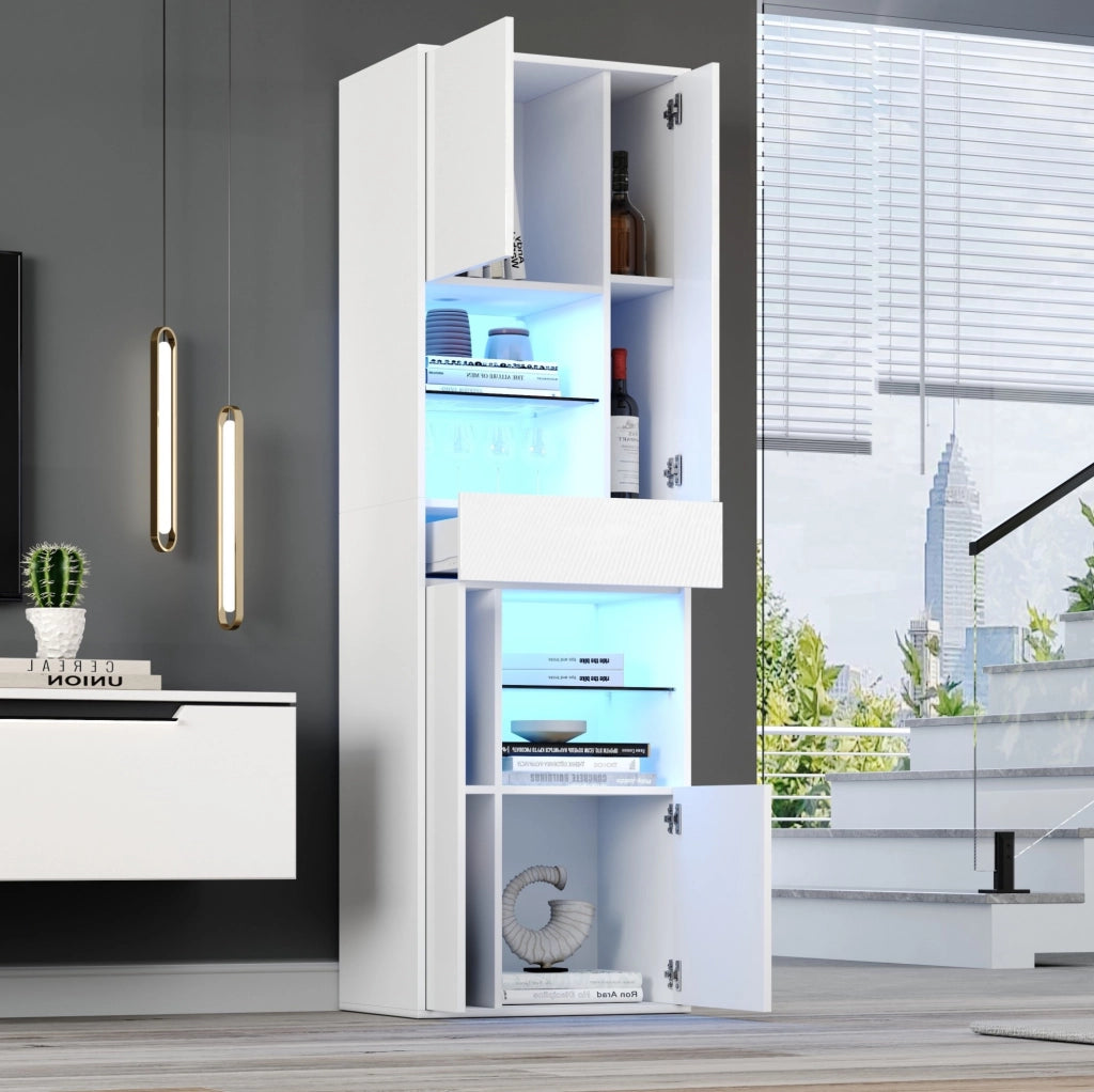 Vetrina 55x38x170 cm con LED e 1 cassetto in truciolato bianco