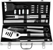 Accessori per barbecue, acciaio inossidabile, set di forchette e coltelli BBQ di alta qualità, con borsa portatile, set di utensili per barbecue ideale per uomini, con termometro per carne, regalo.