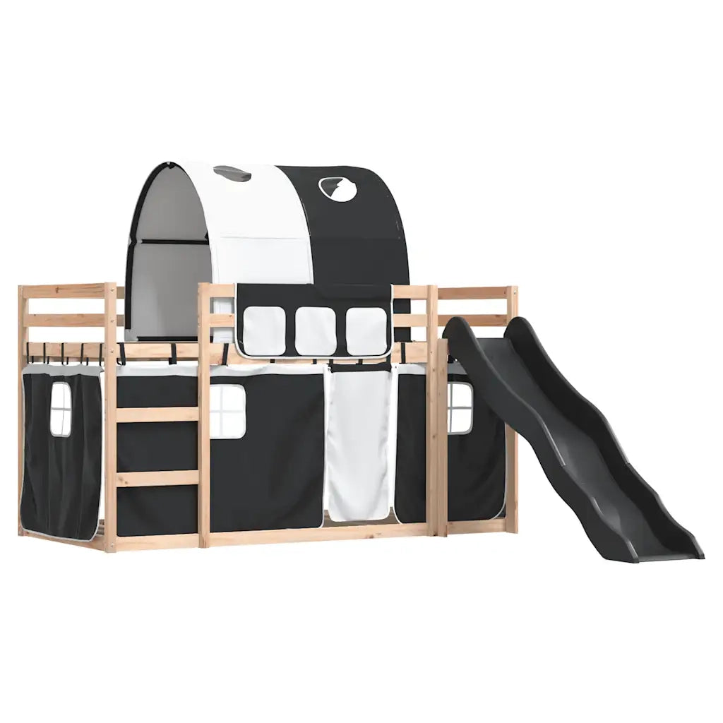 Letto singolo | Letto per adulti | Letto a Castello con Scivolo e Tende Bianco e Nero 80x200 cm
