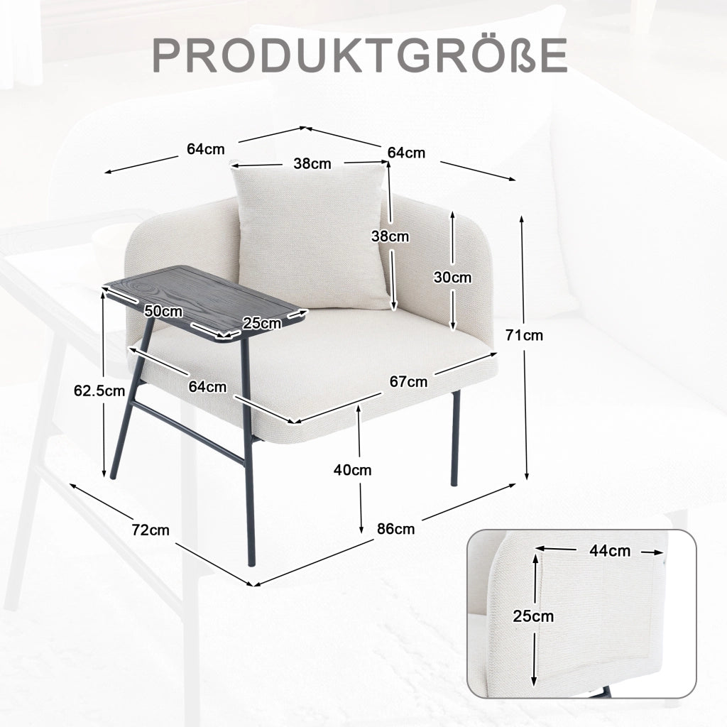 Poltrona da relax in chenille beige con tavolino laterale e tasche portaoggetti