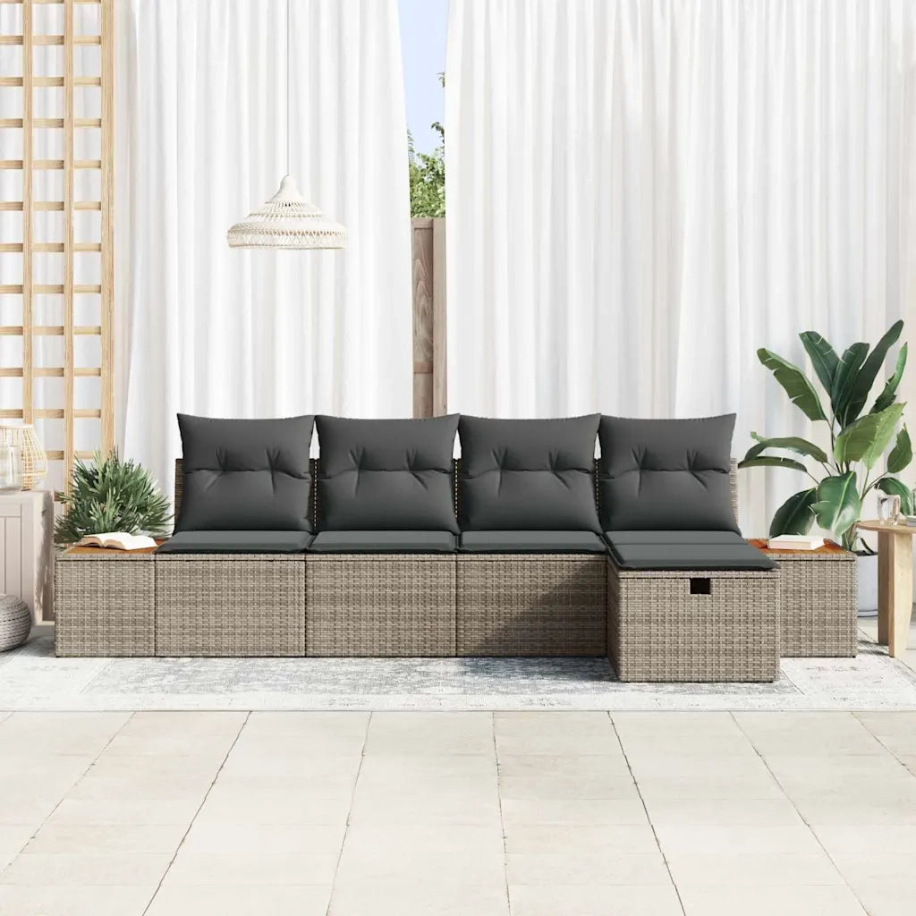 Set Divano da Giardino con cuscino 5 pcs Grigio Poly Rattan