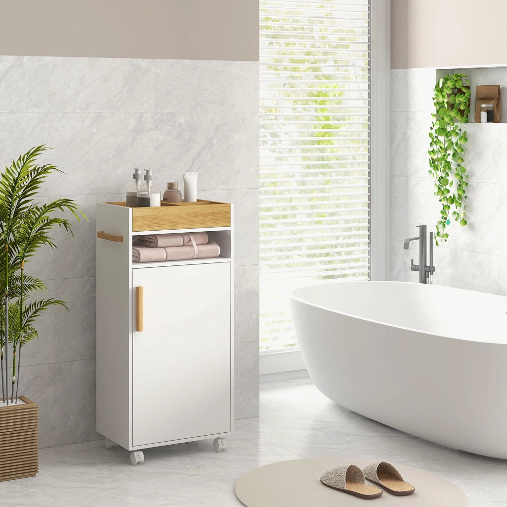 Mobiletto Bagno con Vassoio, Ripiano e Armadietto ¨C Minimal ¨C Truciolato, 40x30x88 cm, Bianco