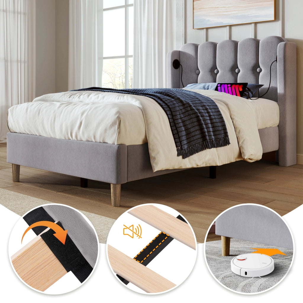 LETTO imbottito 90x200 cm grigio in lino con porta USB e USB-C