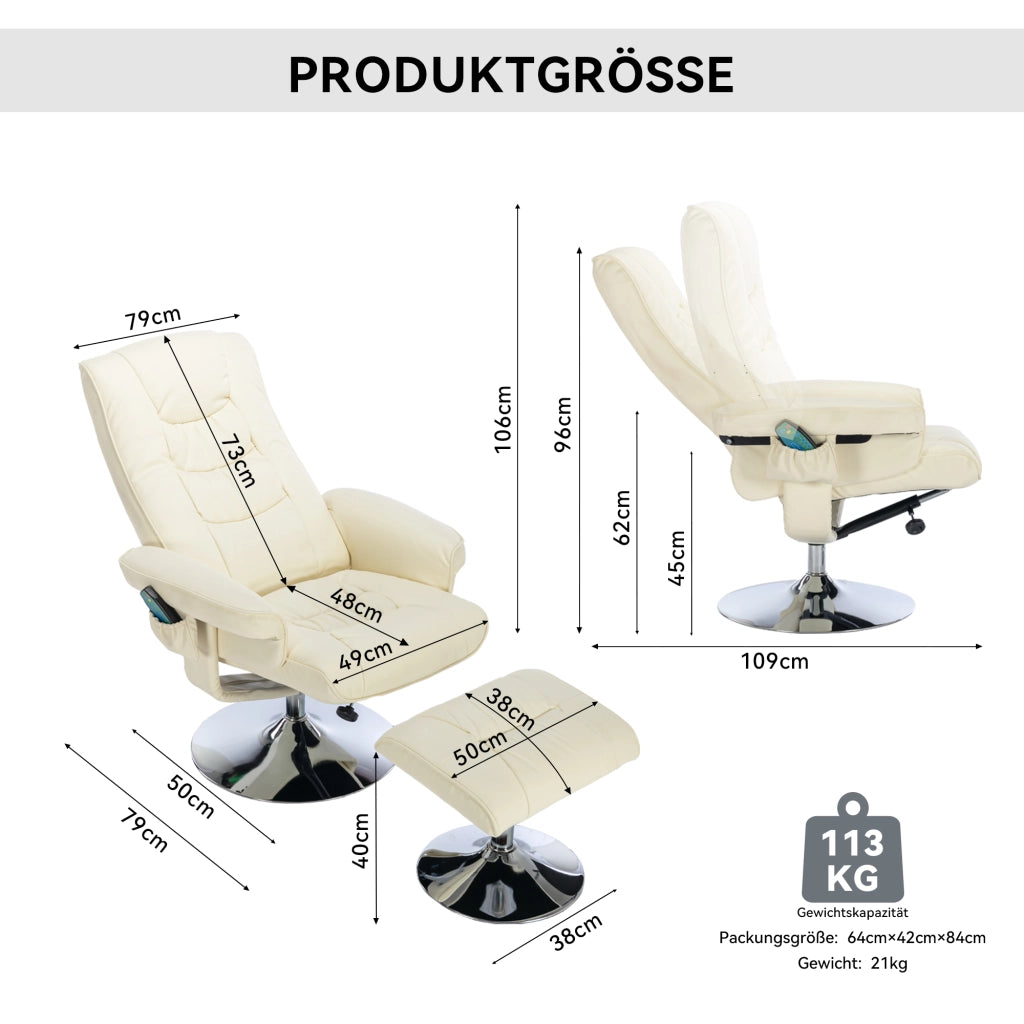 Poltrona massaggiante con poggiapiedi, riscaldamento e rotazione 360 per salotto, in similpelle PU, Beige