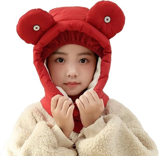 Cappuccio per bambino da unisex, caldo, impermeabile e con fodera in pile per il viso, capuchino per l'inverno, cappello con protezione per il collo, cappello da bivacco all'aperto - rosso