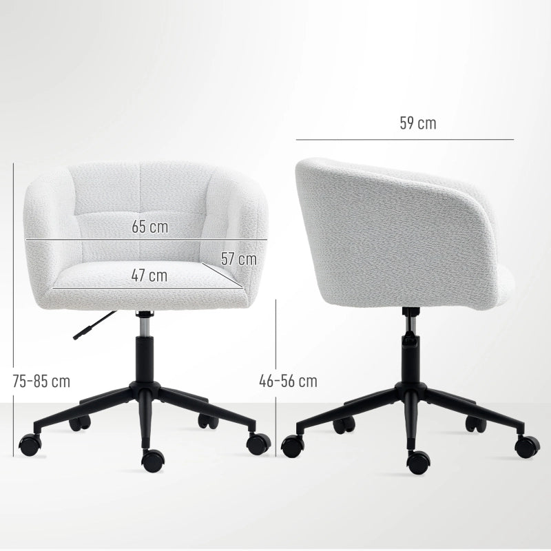 Sedia da ufficio imbottita con rivestimento in peluche, design a vasca, sedia da scrivania con ruote, base in acciaio, crema+nero