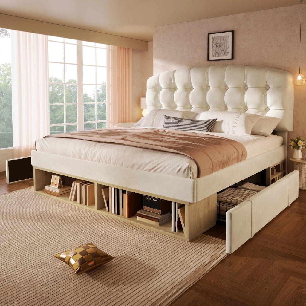 DESMIU Letto matrimoniale 140 × 200 cm 2 posti con testiera regolabile, cassetti e contenitore, senza materasso, beige