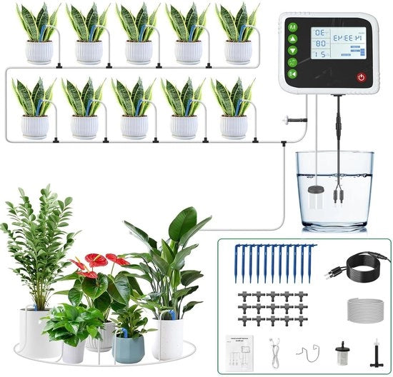Sistema di irrigazione a carica ricaricabile, goccia automatica, sistema di irrigazione, set per piante, irrigazione con timer e pompa a 150 cm per giardino, balcone, interni, esterni, piante, ortaggi