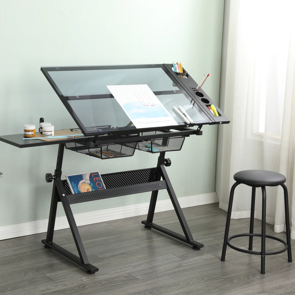 Scrivania lineare inclinabile con piano in vetro temperato, cassetti metallici e sgabello, nera, 101 × 72 × 17 cm